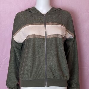Hem & Thread Cable Knit Zip Up Hoodie Jacked in Olive Green size Medium